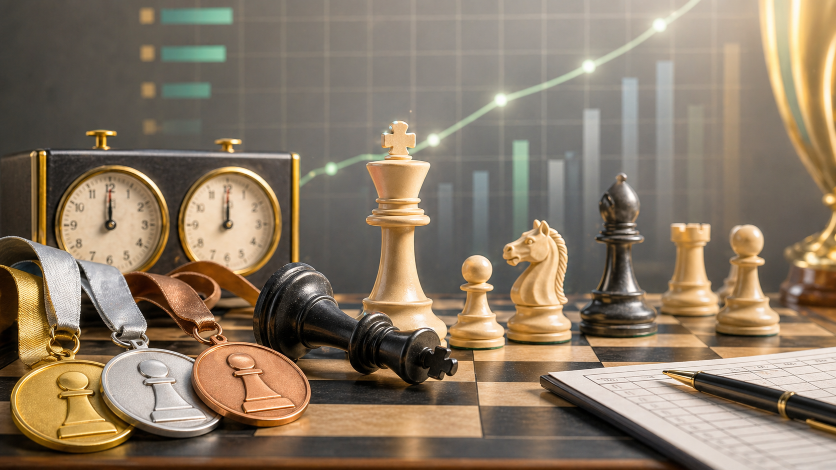 Tournament chess scene with rating progress