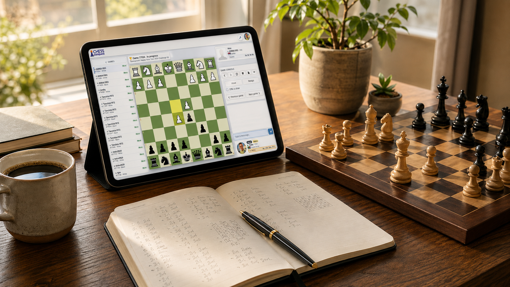 Chess dashboard on a tablet beside a board