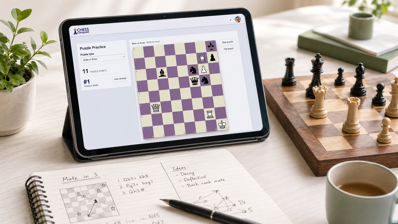 Chess puzzle practice board with study notes